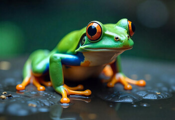 A green tree frog with orange eyes sitting on a wet rock, dark green background