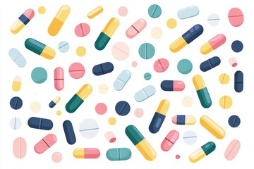 Colorful Collection of Various Pills and Capsules on White Background