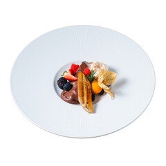 Gourmet dessert creation restaurant kitchen food photography elegant setting close-up culinary art