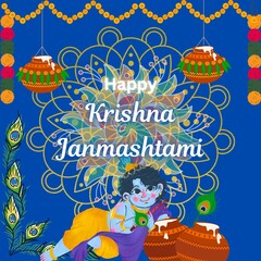 Happy Krishna Janmashtami Festival Wishes Post Design! Elegant Poster Design with Vibrant Colors and Icons! Make it Yours! Hare Krishna! Thank You! 
