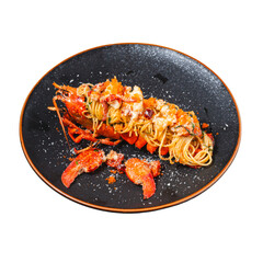 Elegant lobster spaghetti gourmet food photography from above