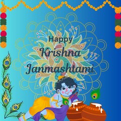Happy Krishna Janmashtami Festival Wishes Post Design! Elegant Poster Design with Vibrant Colors and Icons! Make it Yours! Hare Krishna! Thank You! 