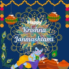 Happy Krishna Janmashtami Festival Wishes Post Design! Elegant Poster Design with Vibrant Colors and Icons! Make it Yours! Hare Krishna! Thank You! 