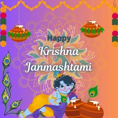Happy Krishna Janmashtami Festival Wishes Post Design! Elegant Poster Design with Vibrant Colors and Icons! Make it Yours! Hare Krishna! Thank You! 