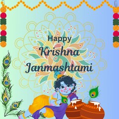Happy Krishna Janmashtami Festival Wishes Post Design! Elegant Poster Design with Vibrant Colors and Icons! Make it Yours! Hare Krishna! Thank You! 