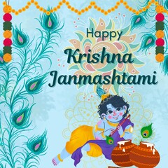 Happy Krishna Janmashtami Festival Wishes Post Design! Elegant Poster Design with Vibrant Colors and Icons! Make it Yours! Hare Krishna! Thank You! 