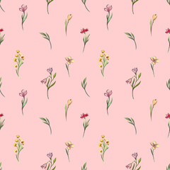 Seamless watercolor floral pattern with delicate wildflowers. Elegant hand-painted botanical design for fabric, wallpaper, invitations, and scrapbooking. Soft natural aesthetics in pastel tones