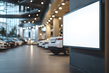 Large blank white banner hanging in car dealership showroom, ideal for advertising, promotional content, or information display. Mockup. Copy space.