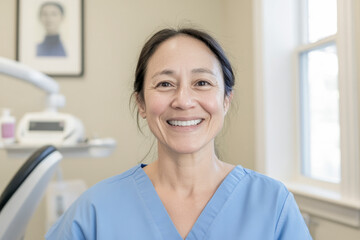 Fototapeta premium A woman in a blue scrubs is smiling for the camera. She is wearing a blue shirt and a blue scrub top