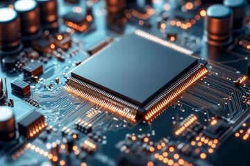 Obraz premium A close-up of a microprocessor on a circuit board, showcasing intricate electronic components and glowing connections in a futuristic design