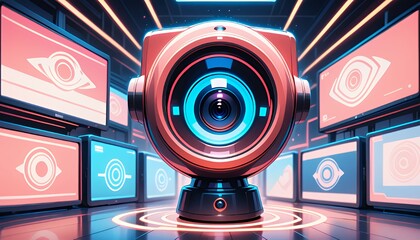 Pixel Art Futuristic Camera in Neon-Lit Setting