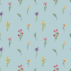 Seamless watercolor floral pattern with delicate wildflowers. Elegant hand-painted botanical design for fabric, wallpaper, invitations, and scrapbooking. Soft natural aesthetics in pastel tones