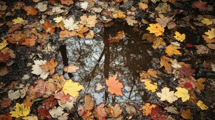 Obraz premium Autumn leaves and puddles on forest floor