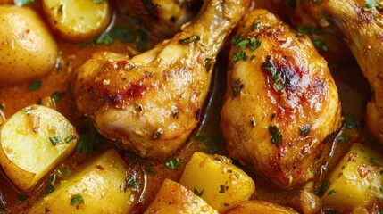 A close-up of Thai yellow curry with tender chicken, potatoes, and a rich, fragrant sauce.