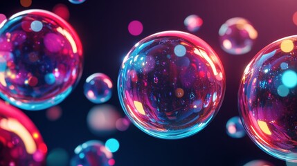 Vibrant Translucent Spheres Floating Against Dark Background Reflecting Colorful Bokeh Lights in Pink and Blue Hues for Modern Art Composition Ideas