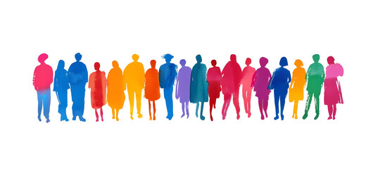 Watercolor colorful abstract silhouettes of standing people, crowd isolated on a white background