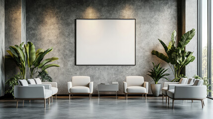 Mock up of white horizontal poster frame on modern wall in minimalist waiting room interior with chairs,green plants, perfect for advertisement , information board design. Banner, copy space
