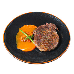 Culinary art grilled steak and sweet potato puree in gourmet photography