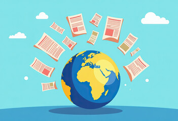 Earth surrounded by floating newspapers symbolizing freedom of the press  