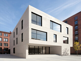 Modern educational facility in urban setting, showcasing sleek architecture and large windows that invite natural light