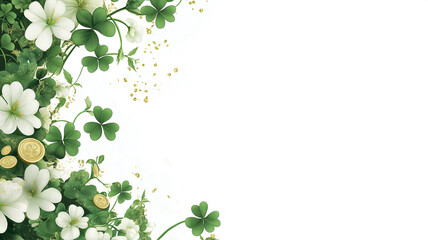 Corner borders featuring lush green shamrocks, delicate white lilies, and subtle gold accents, all set against a solid white background