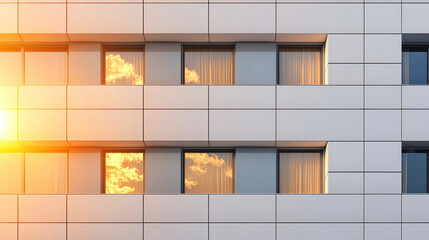 Modern hotel facade with structured grid design, reflecting sunlight and clouds in windows, creating serene atmosphere