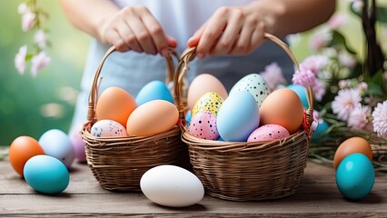 "Vibrant Easter Eggs Displayed in Woven Wicker Baskets on a Clear Background"