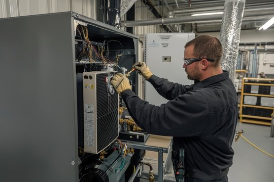 Technician repairs heating and cooling system in modern workshop during daylight hours