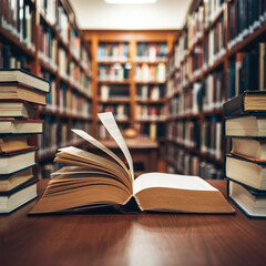 Fototapeta premium Open Book on a Wooden Desk in a Library, Rows of Books in a Cozy Library concept of World Book Day, Book Day 2025