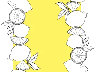 Gardinen Trendige Blumen Lemons whole, slices and leaves Vertical seamless border frame background. Vector black and white graphic line ink illustration. Sample poster, party invitation, holiday banner, postcard.  © Ekaterina