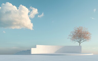 White stone platform and steps under a pale blue sky with a single small tree with orange leaves. Minimalist, serene landscape