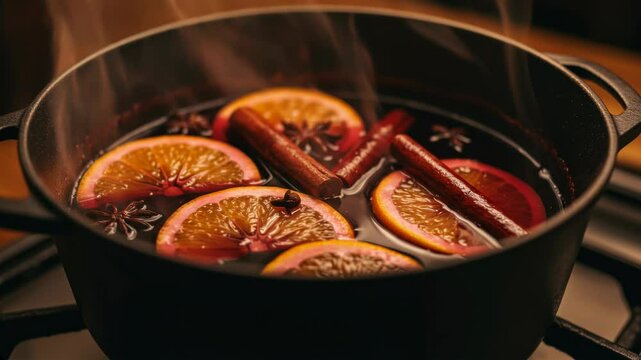 Aromatic mulled wine simmering with orange and spices in cozy kitchen setting