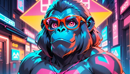 Stylish Chimpanzee in Neon City Pixel Art