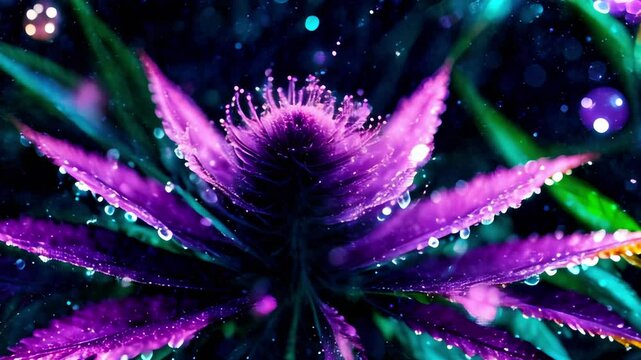 vibrant psychedelic weed animation, cosmic weed plant with dewdrops, cannabis, microscopic cosmic structure, space dust, dreamy, Satisfying, splash page, creative concept, design template