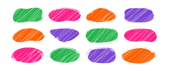 Brush paint line frame, round shape icon, colorful pencil texture, organic dirty blob, grunge stain, scribble crayon stroke spot, sketch form isolated on white background. Abstract vector illustration