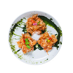Close-up of exquisite asian dishes culinary art in an elegant restaurant