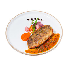 Gourmet grilled fish dish restaurant food photography modern setting close-up culinary art