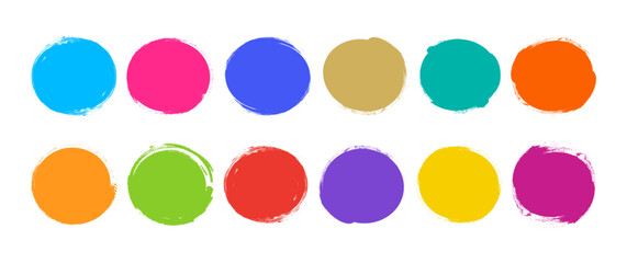 Paint brush blob, circle shape crayon icon, round colorful charcoal bubble, chalk button, grunge stain, rough edge border handdrawn, abstract spot set isolated on white background. Vector illustration