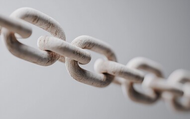 Fototapeta premium Close-up of a weathered, off-white chain against a blurred gray background. The texture of the chain is rough and slightly porous. The focus is shallow, emphasizing the detail of a few links