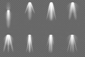 Stage lighting collection. Bright illumination with spotlights. Transparent special effect for your design. On a transparent background.