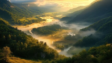 Serene sunrise over a winding river valley, surrounded by lush greenery and misty mountains in the background