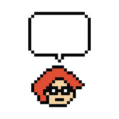 Fototapeta premium Cartoon pixel cute character man face with chat box blank decoration 8 bit male boy say speak discuss idea chat box cartoon pixel 8bit game png vector.
