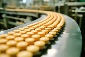 Obraz premium Yellow Circular Objects on Conveyor Belt in Production Facility