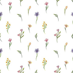Seamless watercolor floral pattern with delicate wildflowers. Elegant hand-painted botanical design for fabric, wallpaper, invitations, and scrapbooking. Soft natural aesthetics in pastel tones