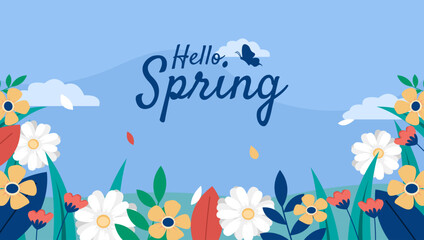 spring background with flowers and butterfly. Vector illustration