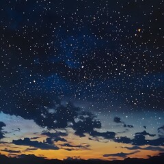 Fototapeta premium A breathtaking nighttime landscape showcases a vast, star-studded sky above a dramatic sunset with wispy clouds and a dark mountain range silhouetted against the vibrant colors of