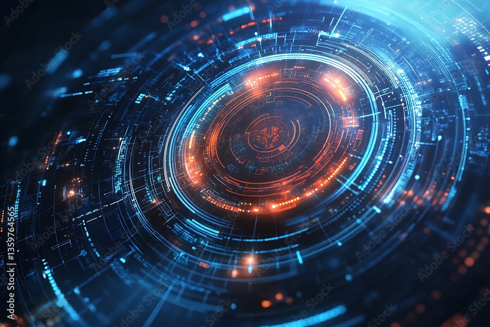 Poster Abstract technology background with glowing circular interface.