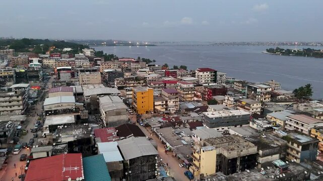 Aerial video over Abidjan Ivory Coast in the early evening hours africa