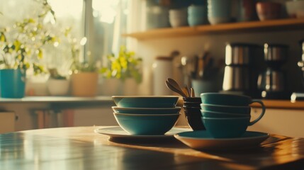 A cozy kitchen scene with turquoise dishware, plants, and coffee equipment.