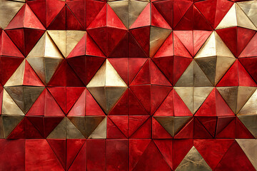 Red and gold origami-like shapes arranged in a tessellated pattern creating a textured geometric surface with light and shadow interplay.